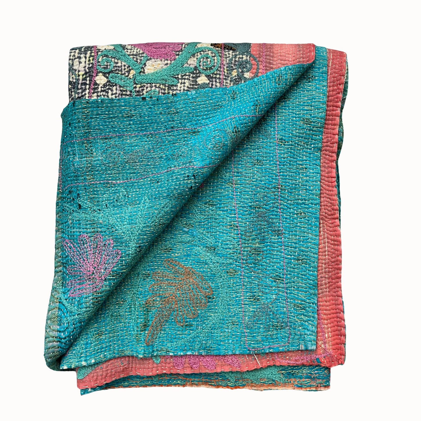 Plaid Kantha brodé bleu