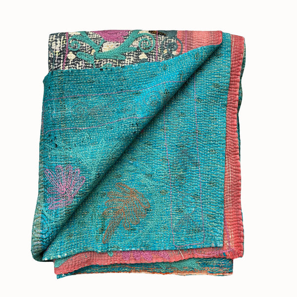 Plaid Kantha brodé bleu