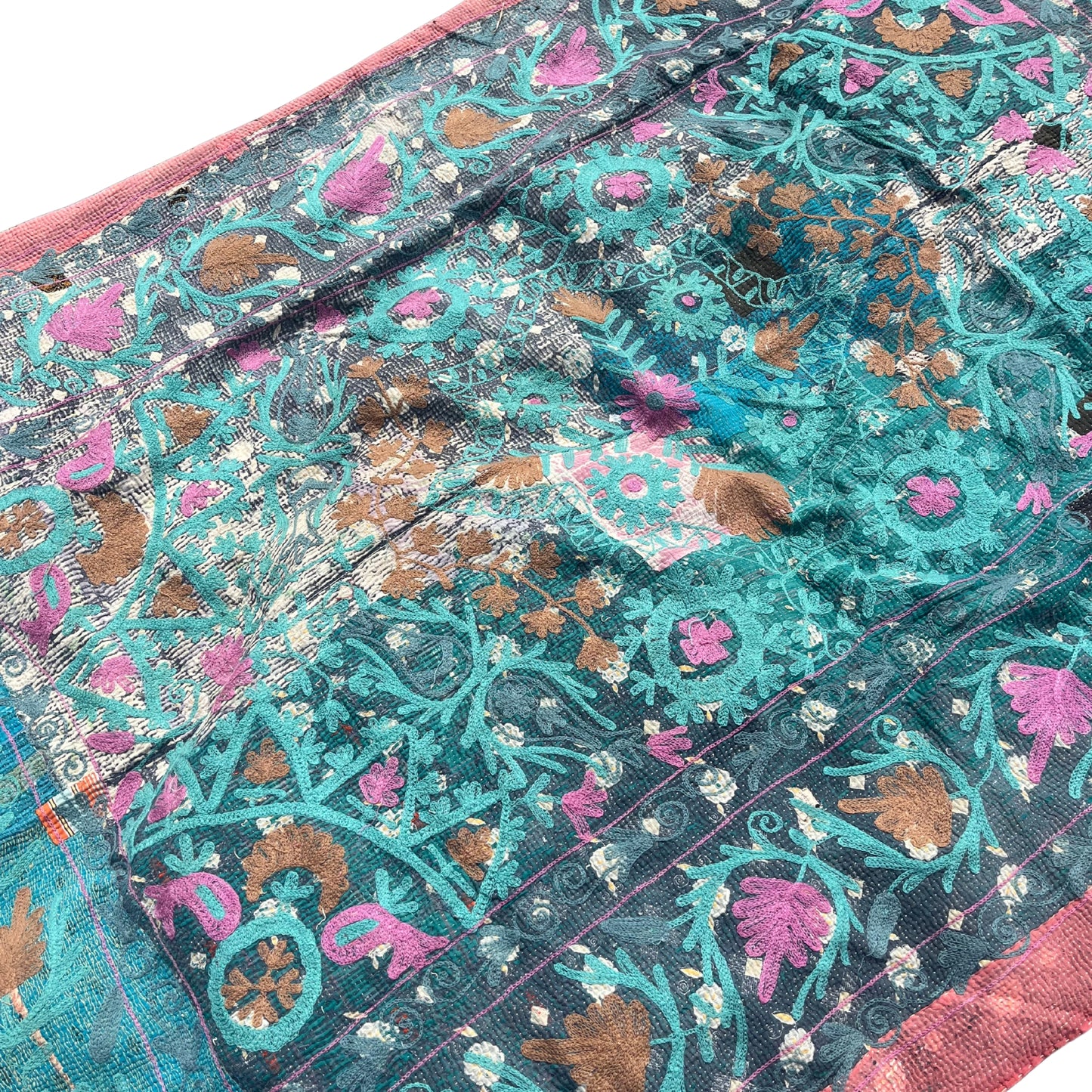 Plaid Kantha brodé bleu