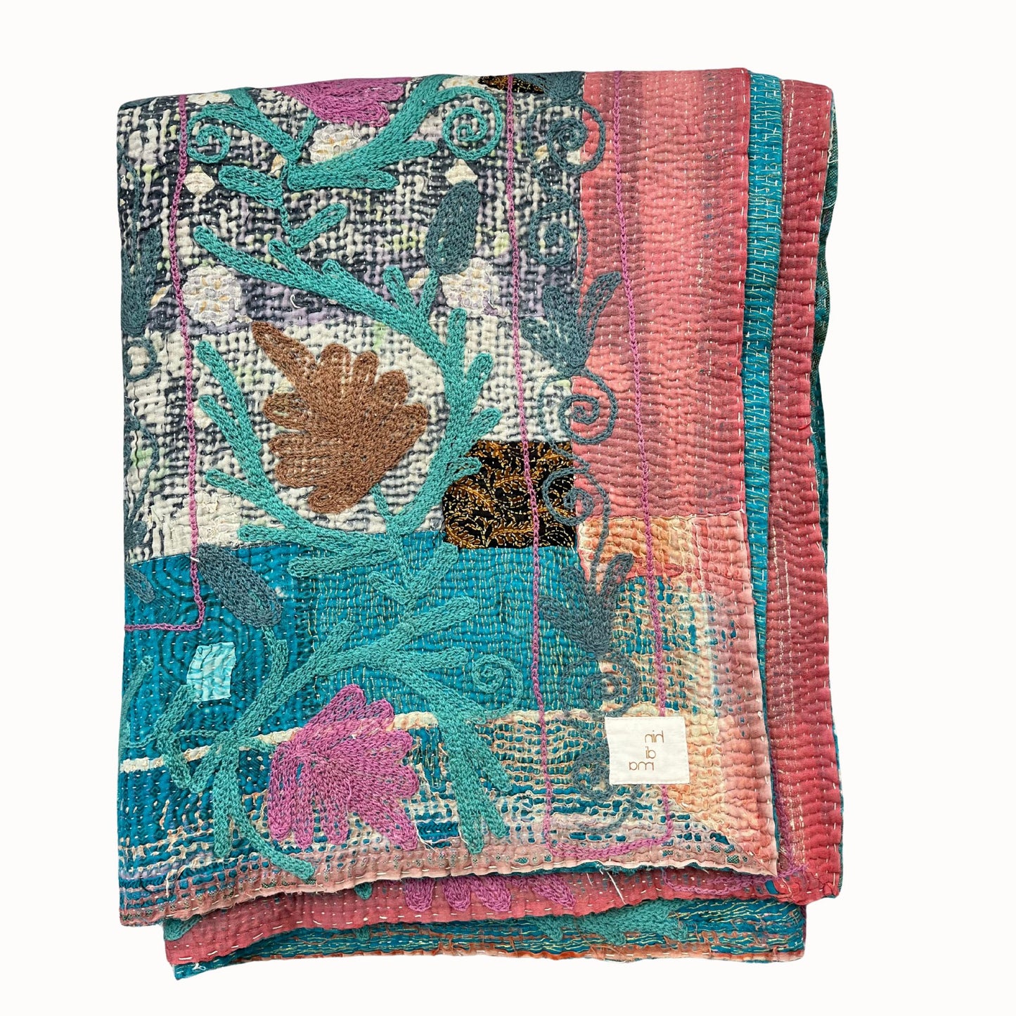 Plaid Kantha brodé bleu