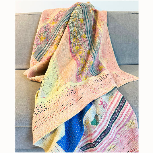 Plaid Kantha rose et jaune