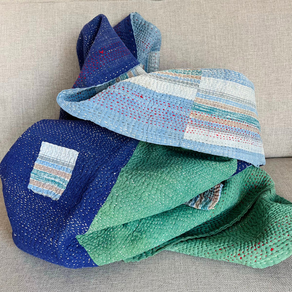 Plaid Kantha vert et bleu