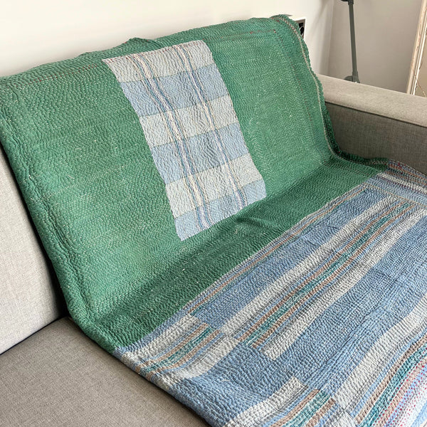 Plaid Kantha vert et bleu
