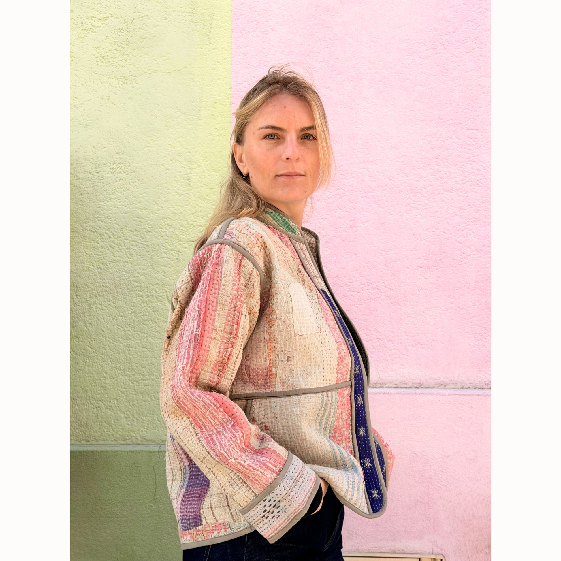 Veste indienne en kantha rose
